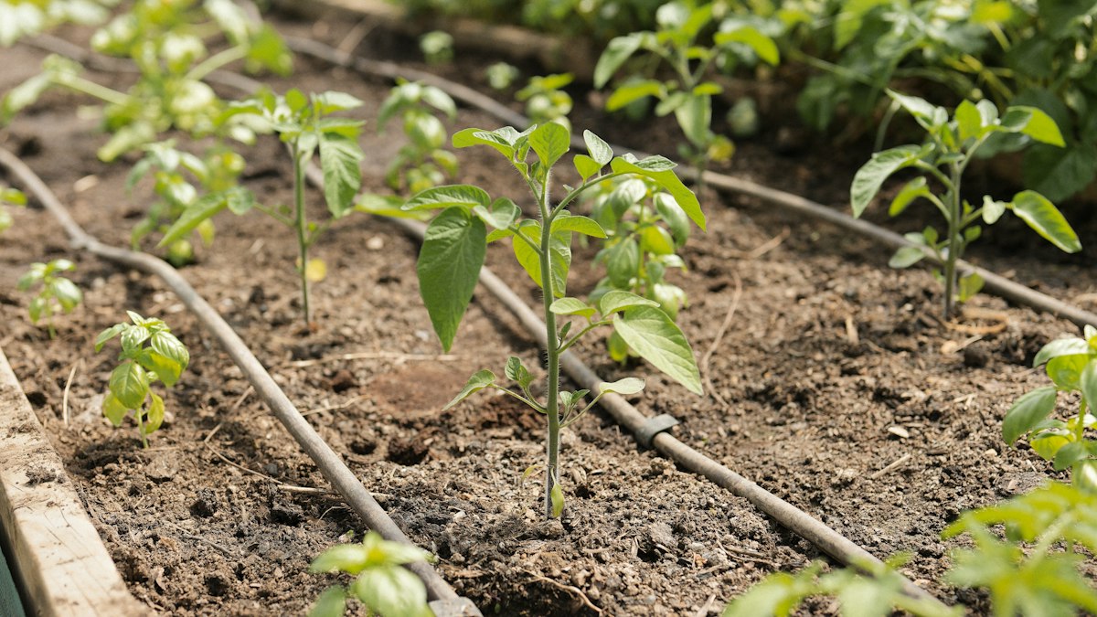 Pflanzen wachsen in einem Gartenbeet mit Bewässerung